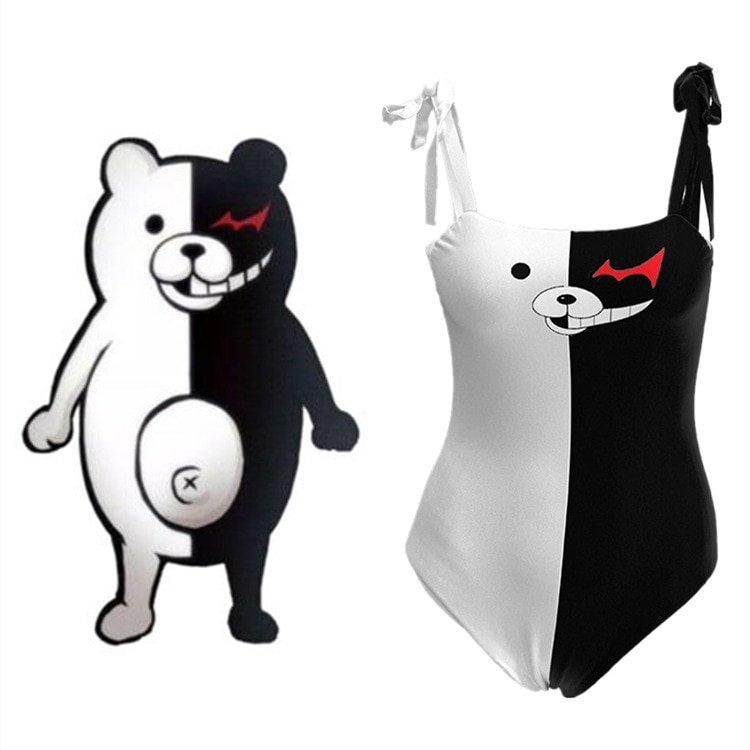 New Anime Danganronpa Monokuma Cosplay Costumes Swimsuit Woman Girl Jumpsuits Black White Bear Suspenders Bodysuit Bathrobe - Anime Swimsuits